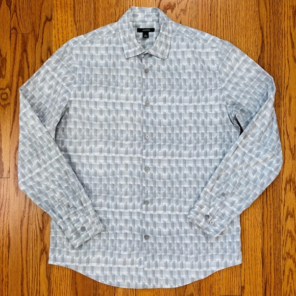 Alfani Button Front Long Sleeve Gray White Prisma Geo Print Causal Shirt Small - Picture 12 of 13
